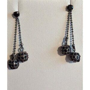 Black Rhinestone Ball Drop Earrings With Chain Dangle Design Gunmetal 1.5" 5.48g